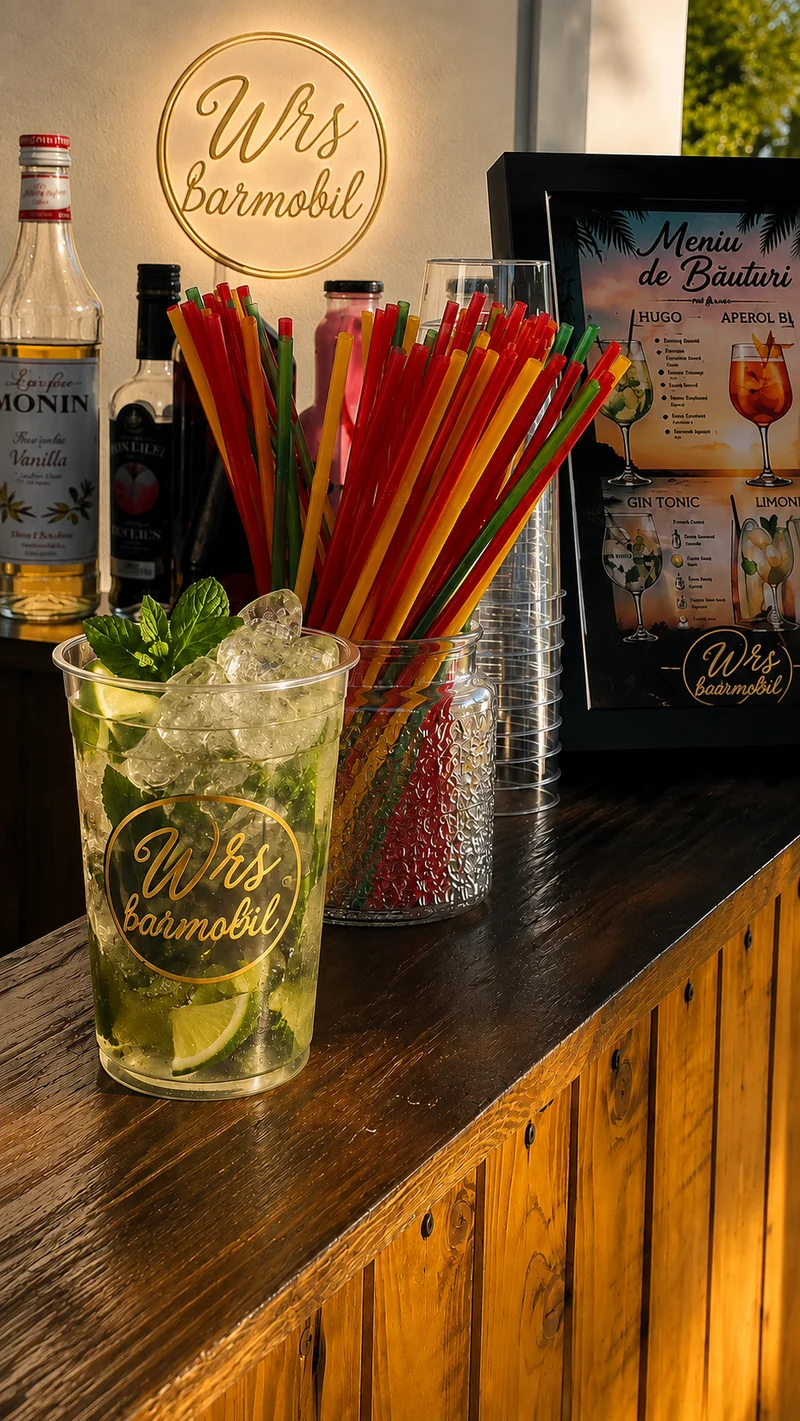 Cocktail cu lime și mentă pe barul din lemn, cu logo WRS auriu integrat digital în fundal
